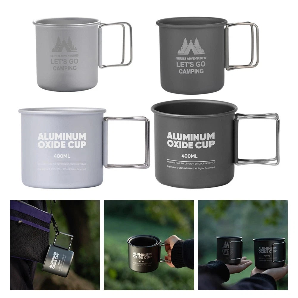 Set of 2 Aluminum Campfire Ready Mugs 300ml 400ml Stackable Folding Handles