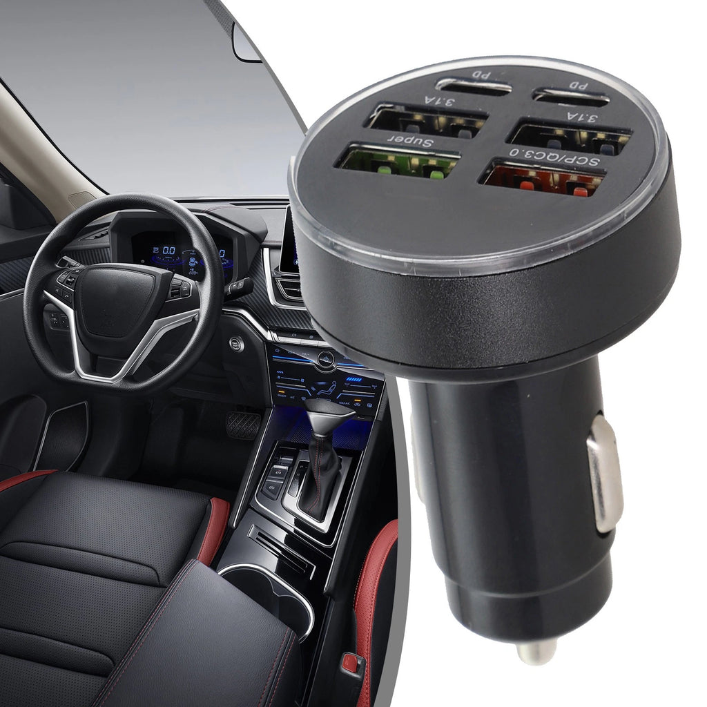6-Port Car Charger with LED Display and Multiple USB Outputs