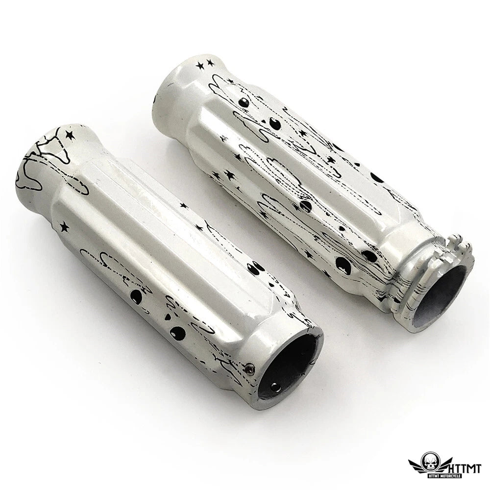 1" White Skull Star CNC Handle Bar Grips for Harley