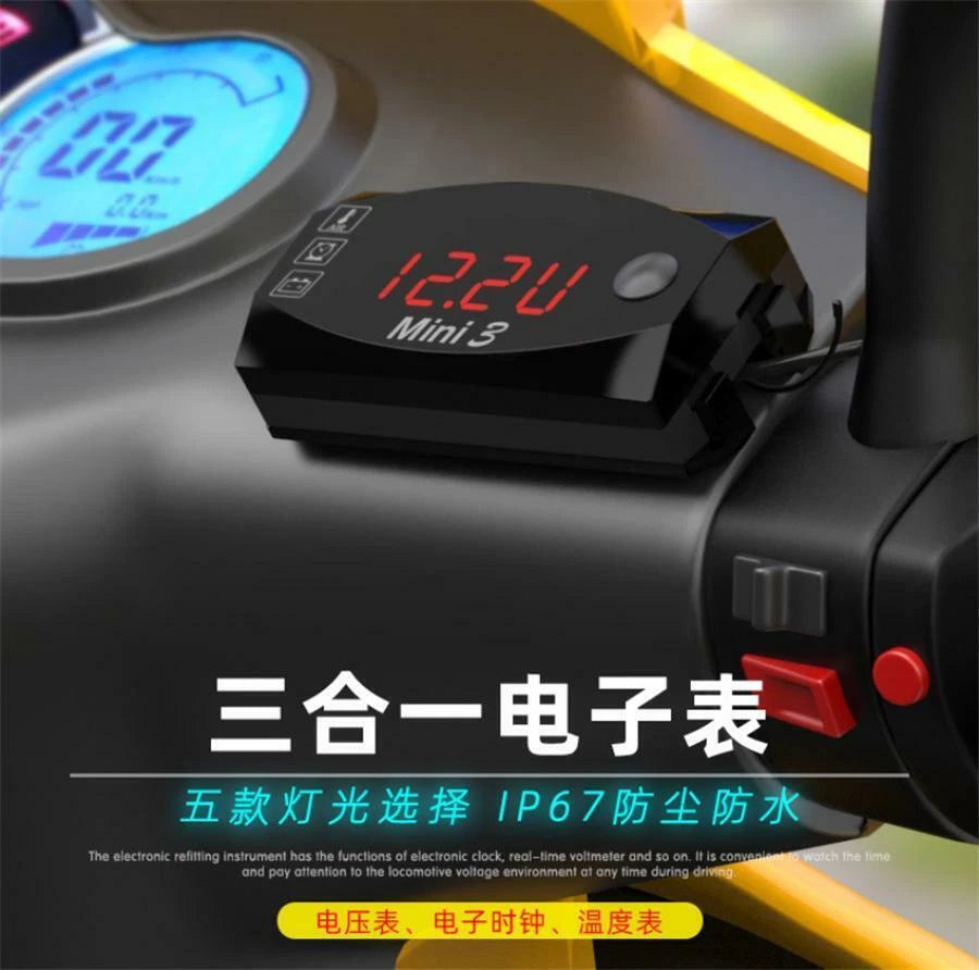 3-in-1 Motorcycle Voltmeter, Voltage Meter, Air Temperature & Time Clock LED