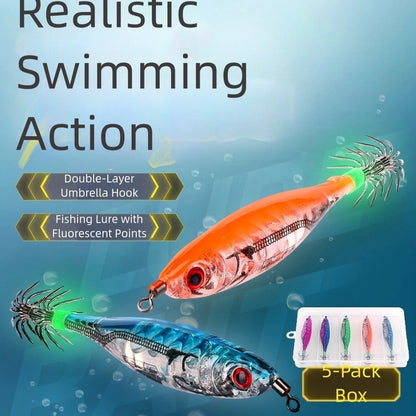 5 Color Squid Lure Fishing Bait with Night Visible Hooks Set