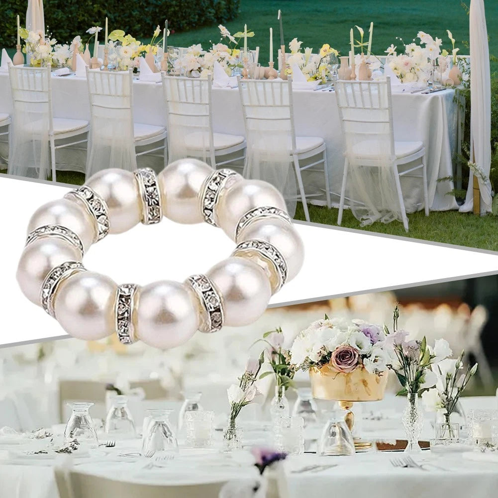 Set of 20 White Beaded Napkin Rings with Secure Elastic Cord