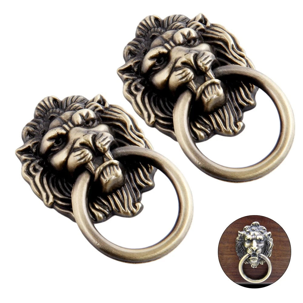2Pcs Antique Bronze Door Pull Knob Drawer Cabinet Lion Head Handle Ring Hardware