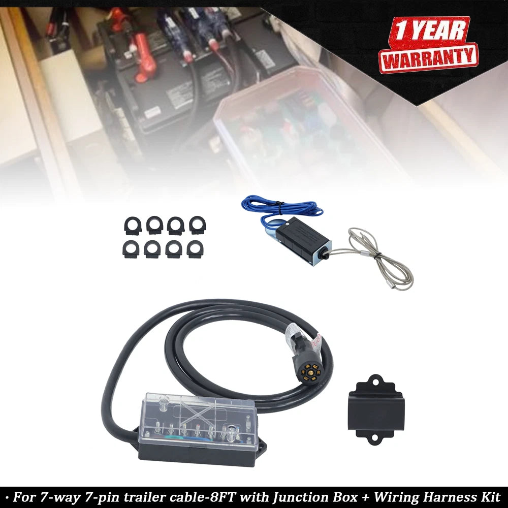 7-Way 7-Pin Trailer Cable with Junction Box & Wiring Harness Kit - 8FT