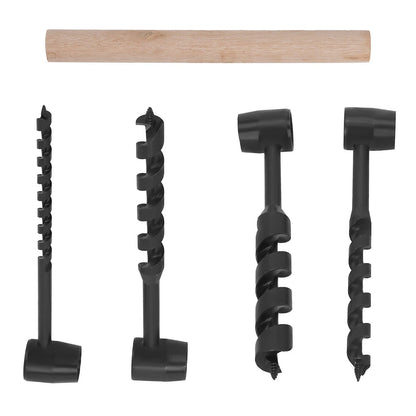 Set of 4 Manual Wood Auger Drill Bits with Handle, Carbon Steel