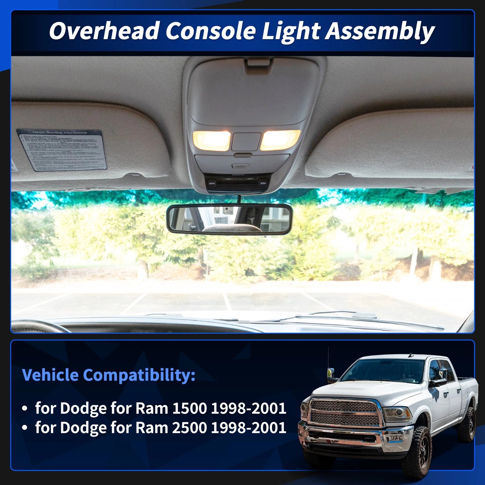Dome Light Overhead Console Assembly Replacement for Dodge Ram 1500 2500 (1998-2001)