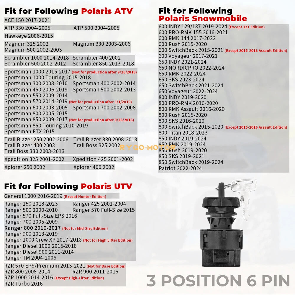 Ignition Key Switch for Polaris RZR XP 800 900 1000 Ranger Sportsman (3 Position)