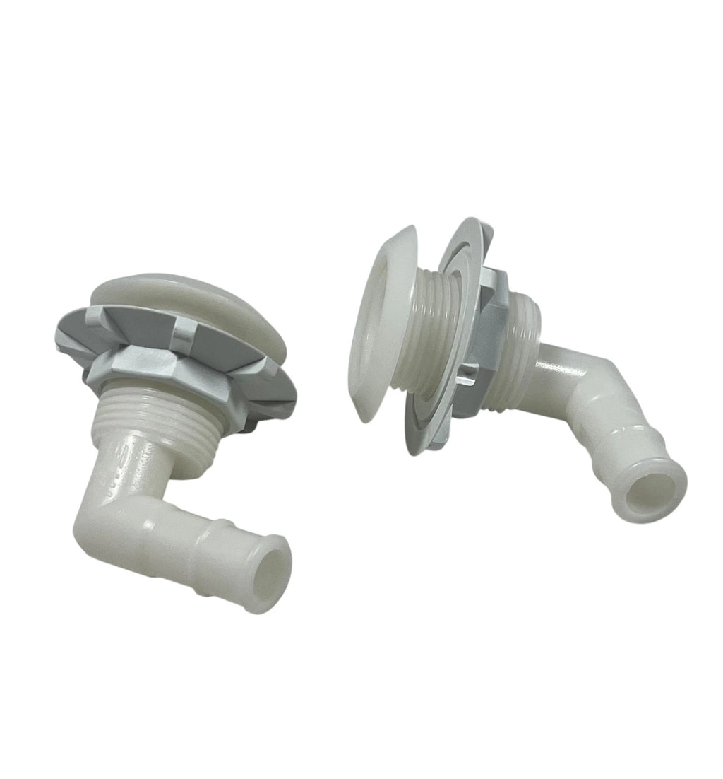 2X 100 Degree Plastic Thru Hull for Hose Barb 3/4in (White)