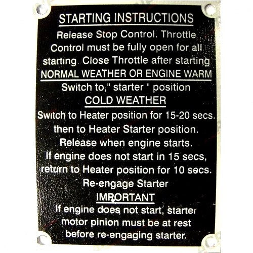 Starting Instruction Plate for Massey Ferguson 135 (1964–)