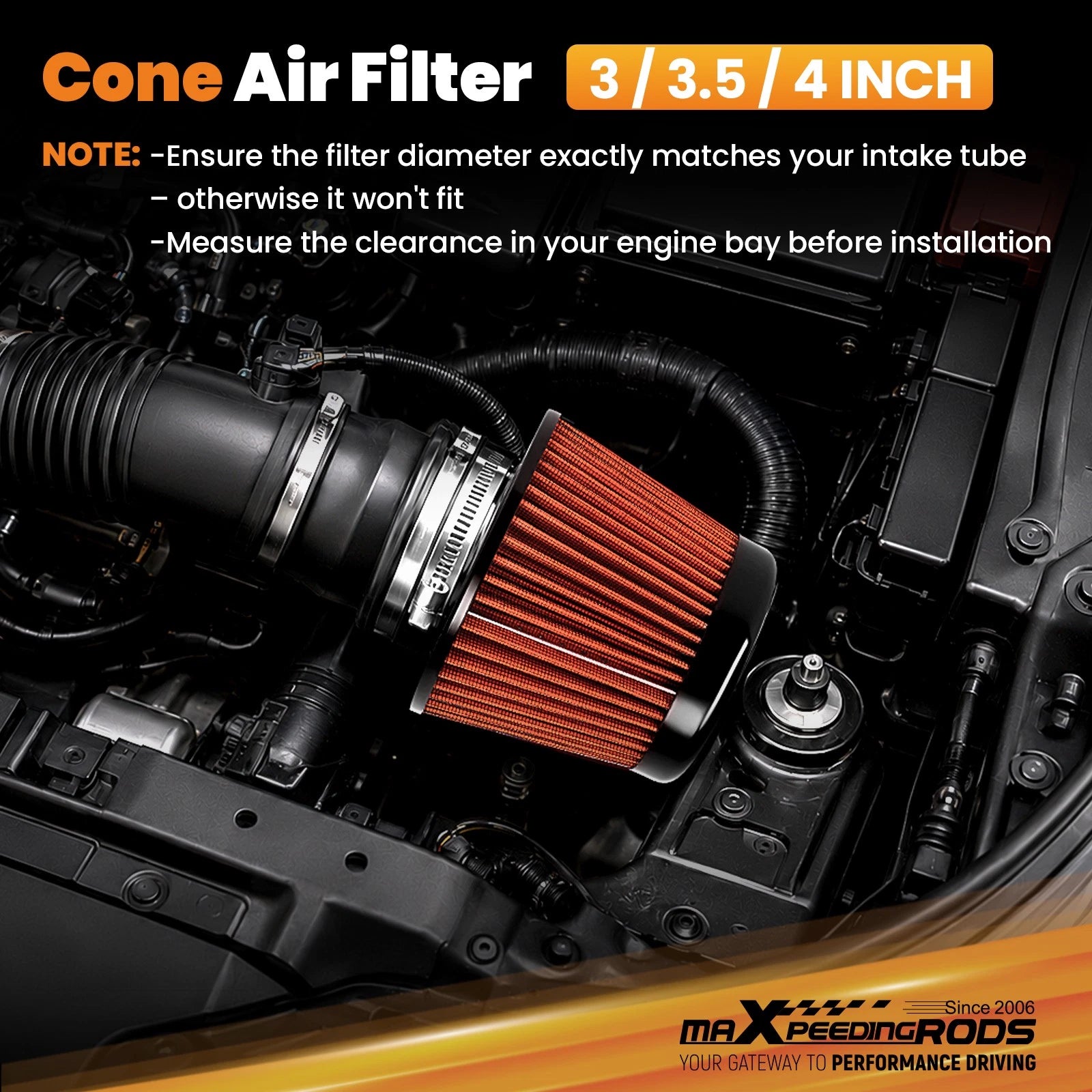 Air Filter Cone for Universal Intake (3/3.5/4 Inch) - High Flow Reusable