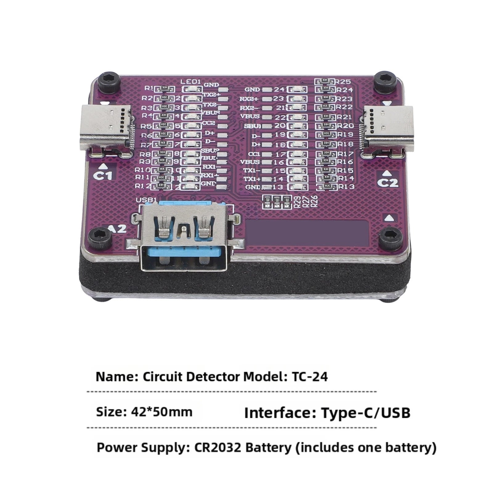 Type-C Cable Tester 24-Pin for Field Repairs with 12 LED Indicators