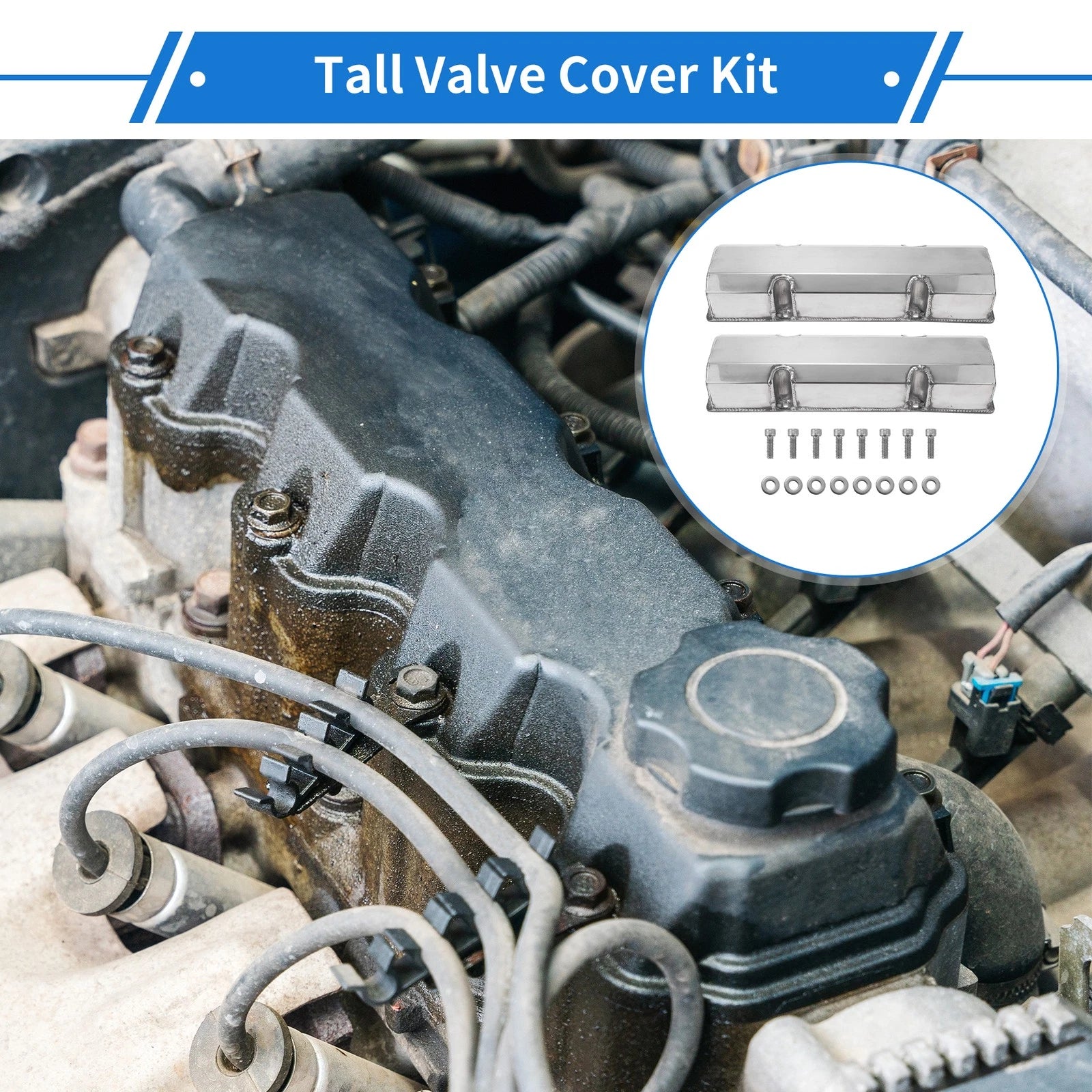 Valve Cover Replacement for Chevrolet SBC Silver Tone With Gaskets Bolts