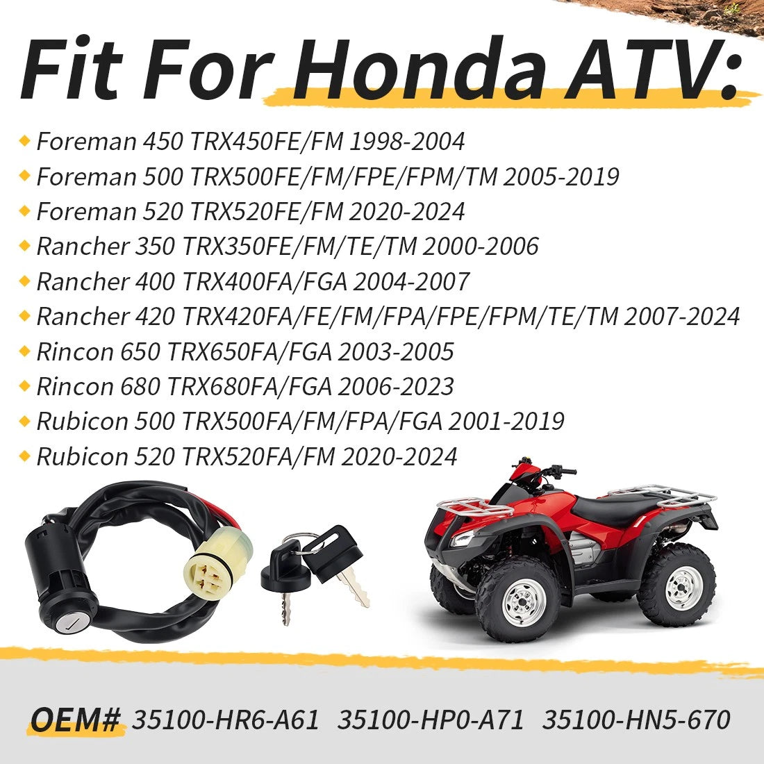 Ignition Switch with 2 Keys for Honda Foreman Rancher Rincon (2000–2023) 35100-HN5-670