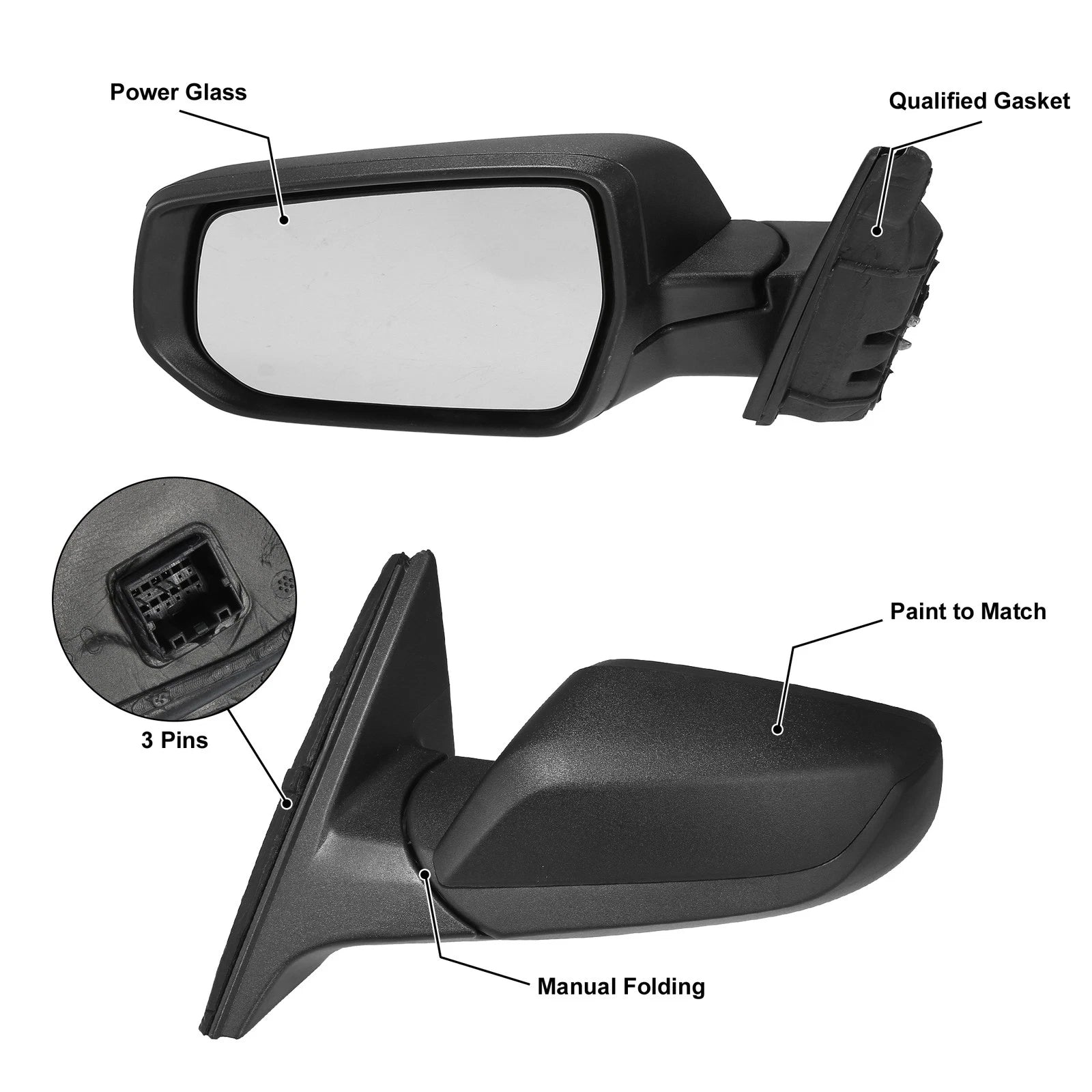 3 Pin Left Side Door Mirror Assembly Black for Chevrolet Malibu (2016–2022)