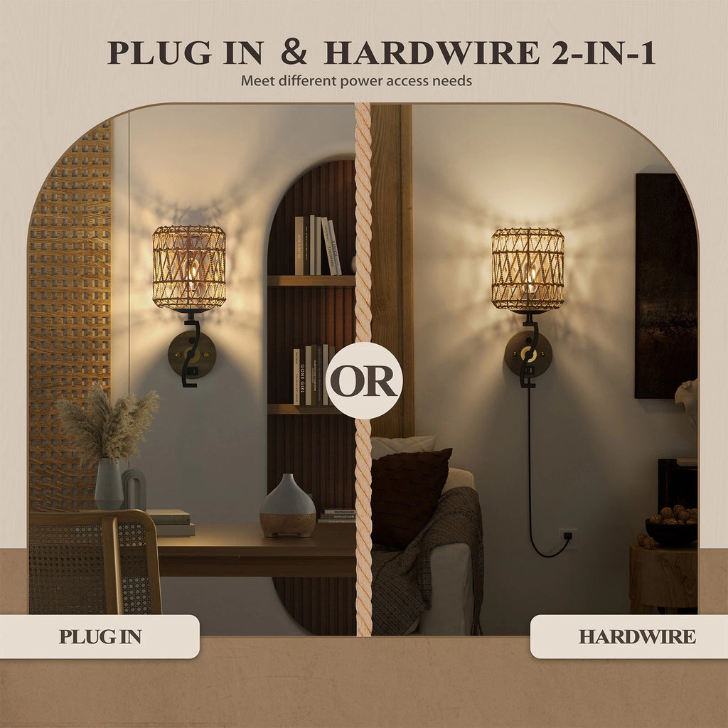 Wall Sconce with Rattan Shade Dimmable Rustic Light Weave Black Metal