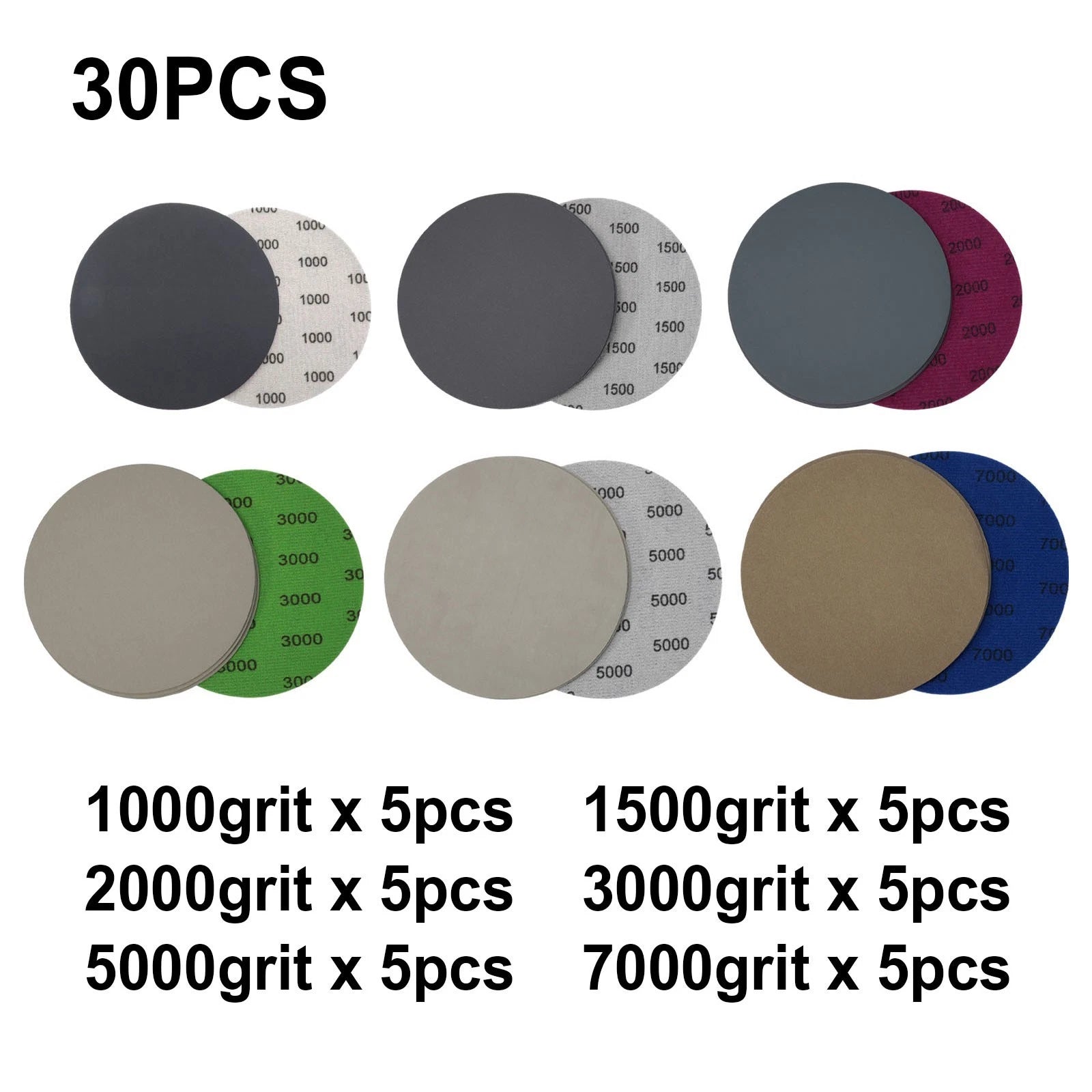 30pcs Hook & Loop Sanding Discs 1000-7000 Grit for