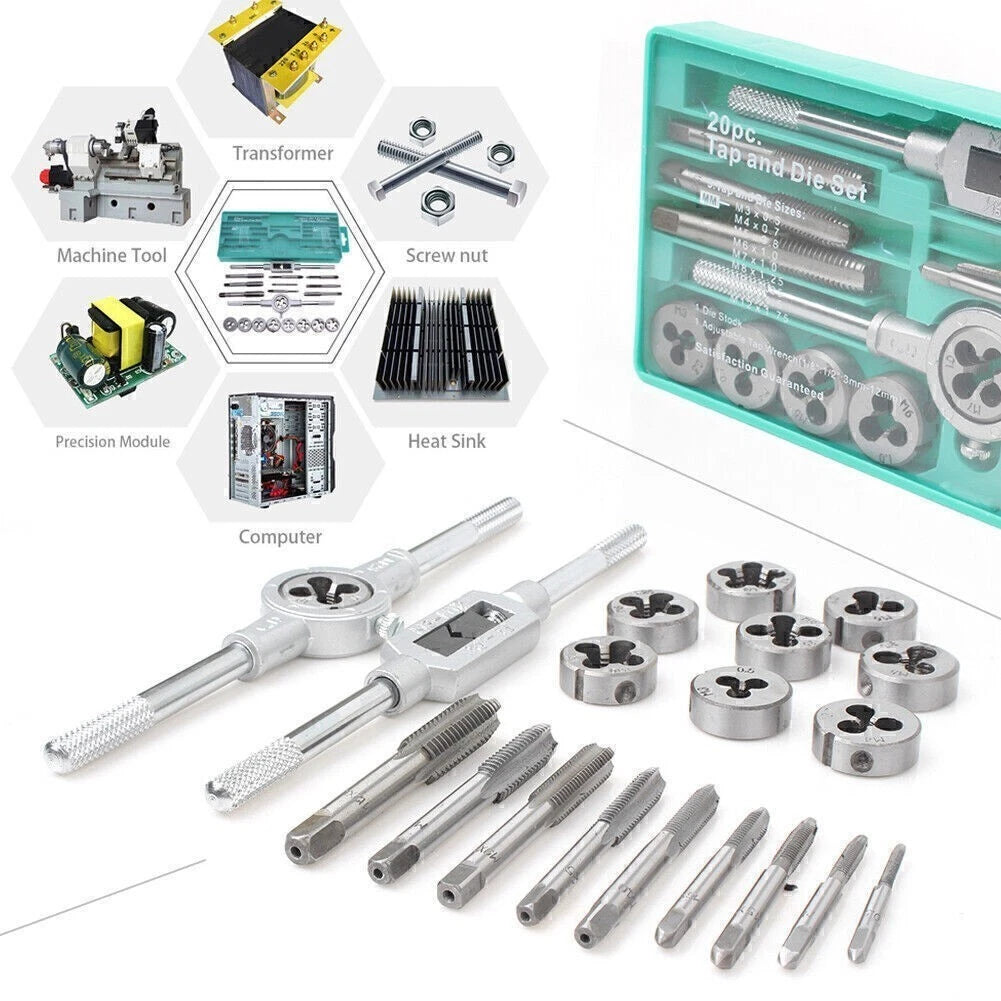 20pcs M3-M12 Metric Screw Thread Plugs Tap Wrench Die Kit