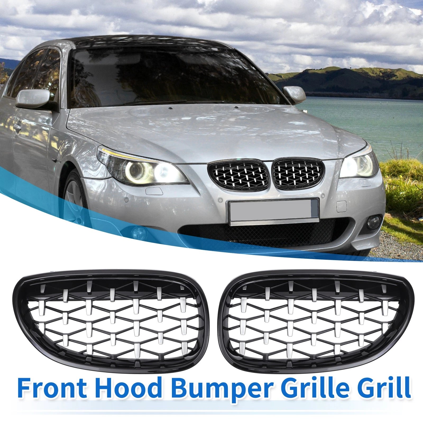 Hood Bumper Grille Pair Diamond Front for BMW 5 Series (2004–2009)
