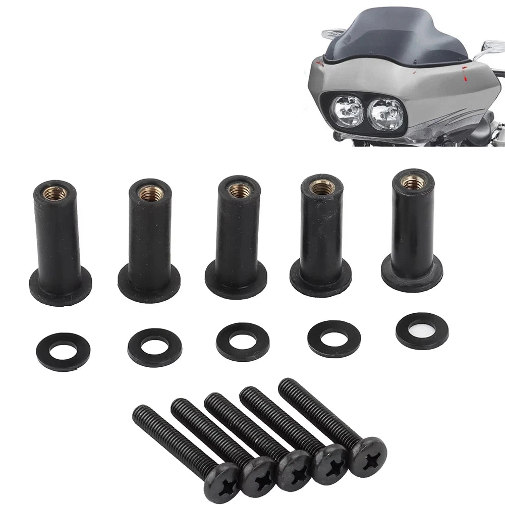 Motorcycle Windshield Well Nuts 5pcs Set with Screws Bolt Cap Trim Kit Black