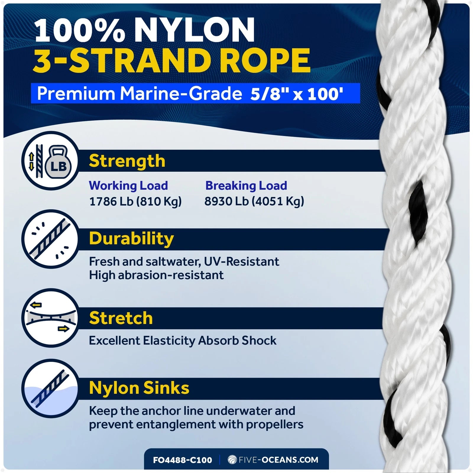 5/8 Inch Rope Line with Thimble & Shackle for Various Applications (100 ft)