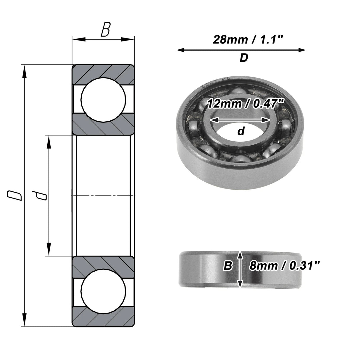 Deep Groove Ball Bearing 12x28x8mm for Scooter Skateboard (6001)