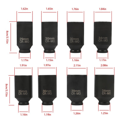 8Pcs 1/2" Impact Socket Set for Spindle Axle Nut 29-39mm (Universal)