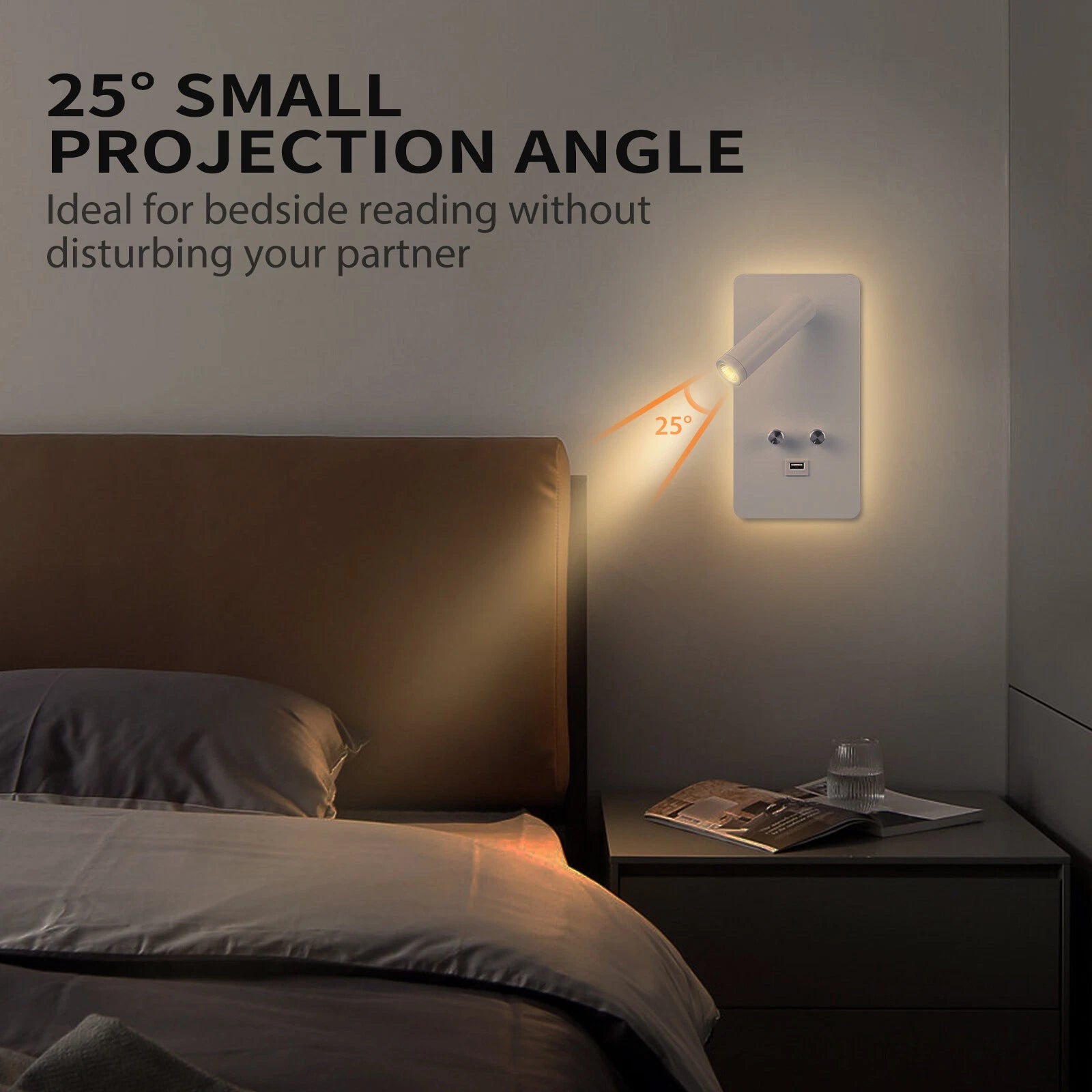 LED Wall Sconce Bedside Reading Light with USB Charge Port for