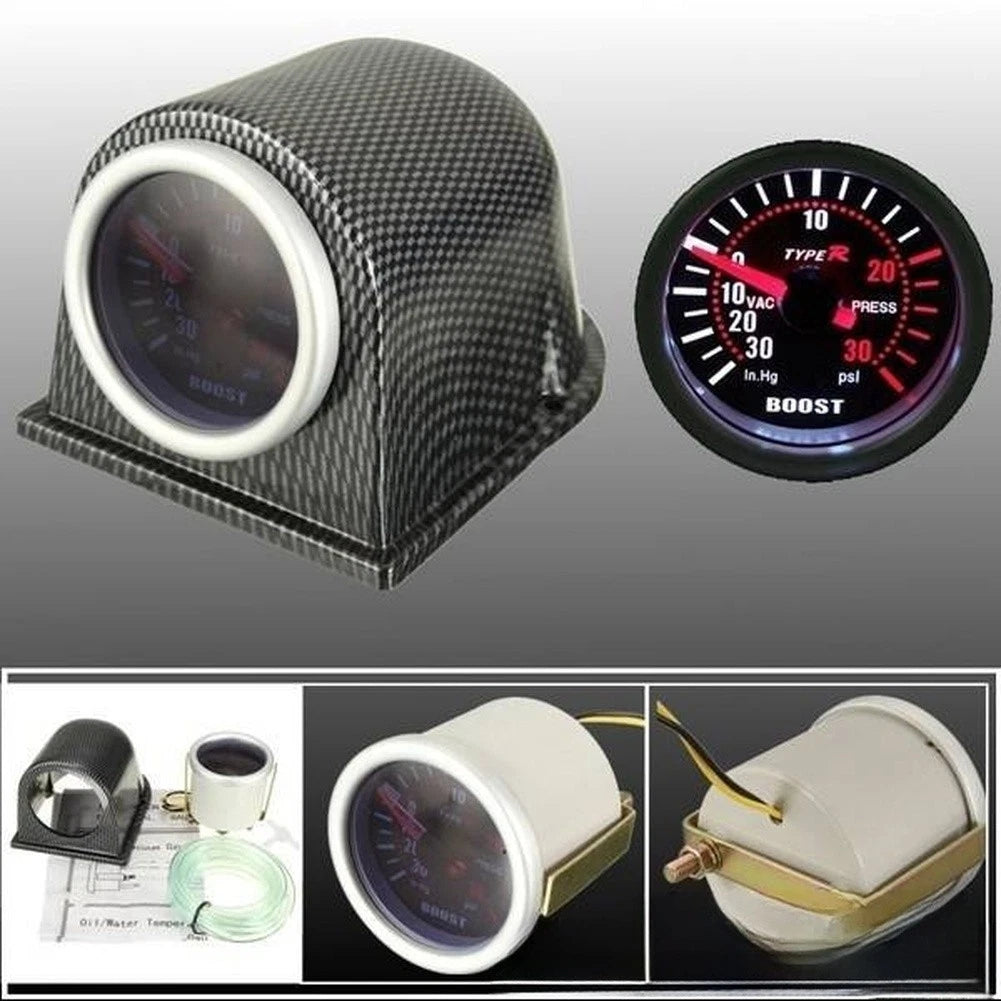 52MM LED Boost Gauge PSI Meter with Pipe Three Way Valve and Bracket White