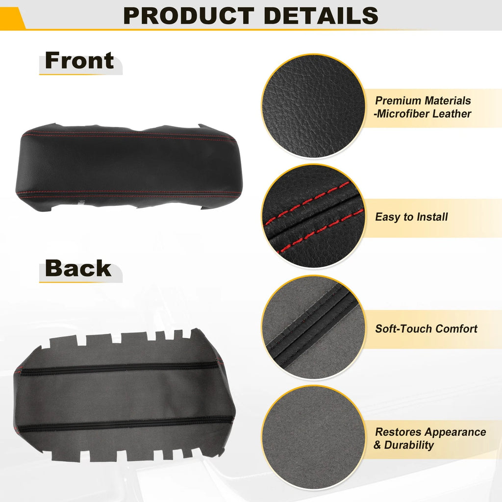Black Leather Console Lid Armrest Cover for Chevy Equinox (2010–2017) Red Stitch