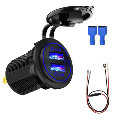 1 x Car Cigarette Lighter Socket Dual QC 3.0 Fast Charge USB With Blue Light