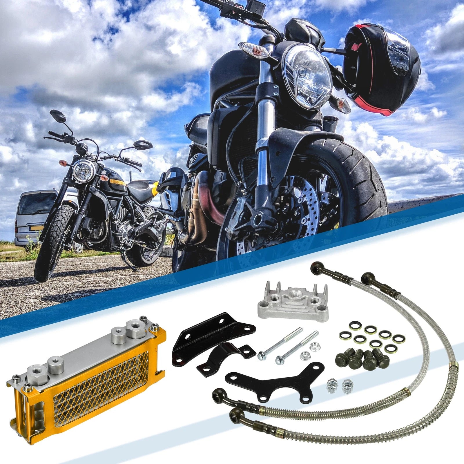 Engine Oil Cooler Radiator Kit Universal Gold Tone for ATVs and Monkey Bike