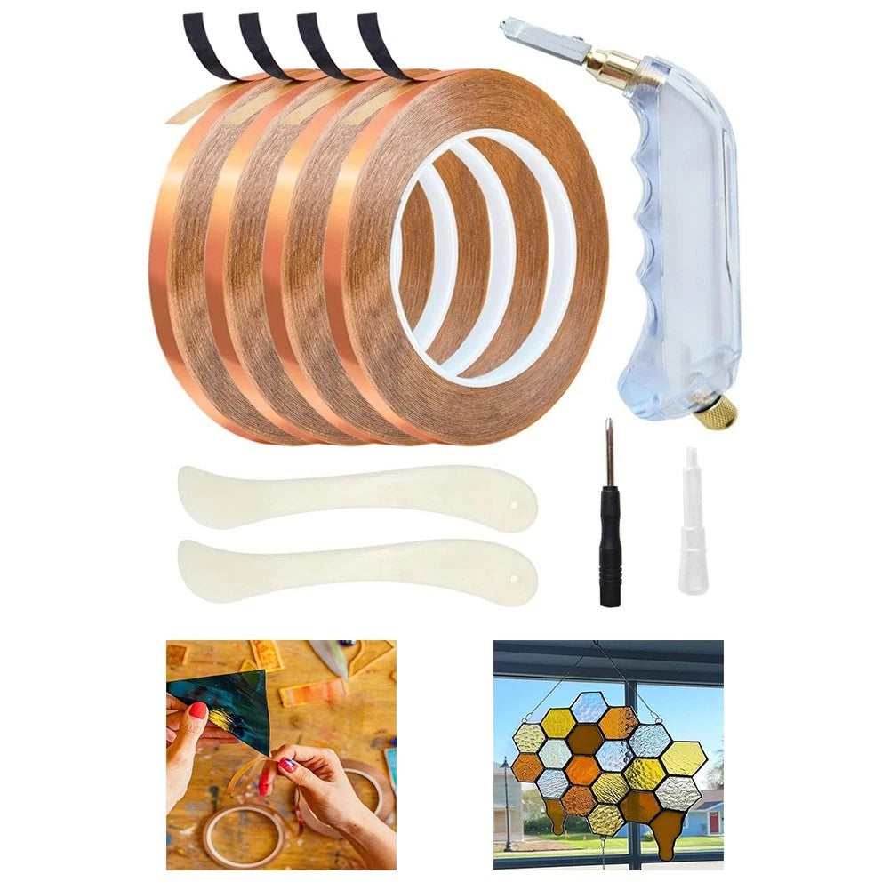 Glass Cutter Tool Kit with 4 Rolls Copper Foil Tape and Scrapers
