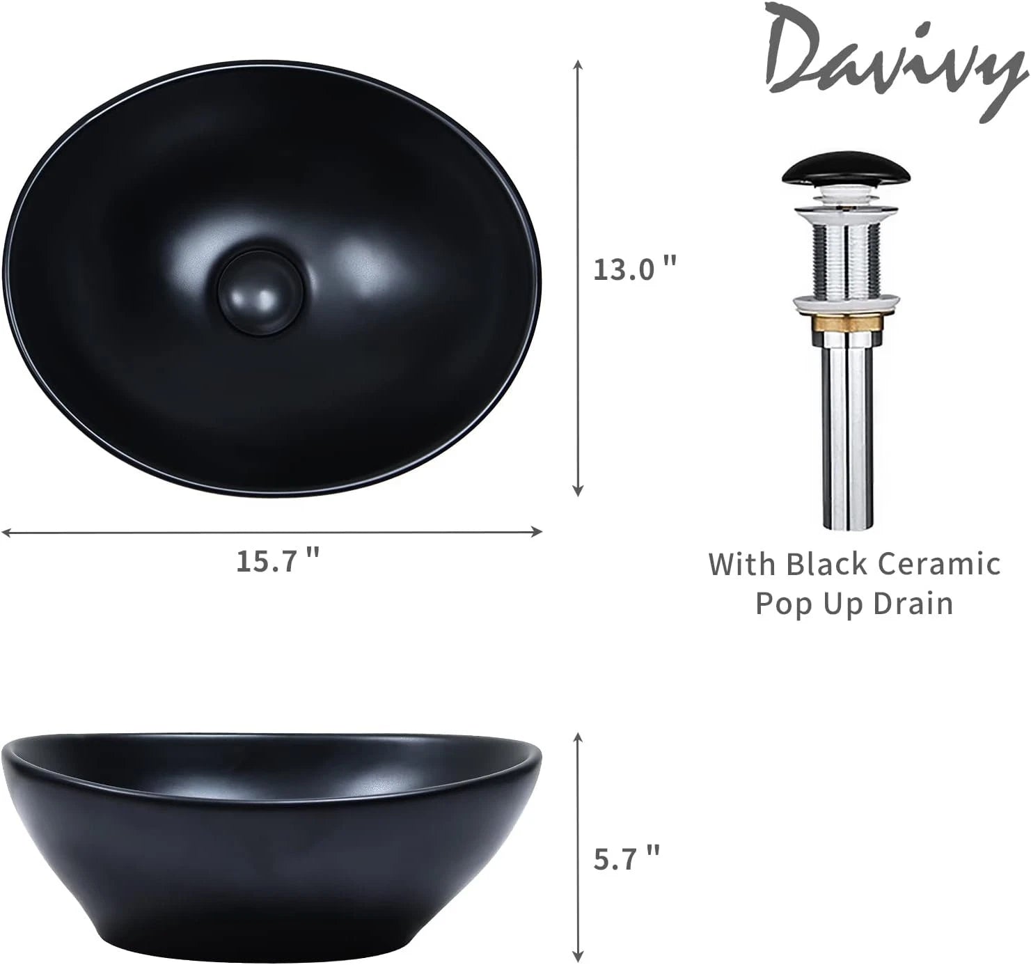 Ceramic Black Oval Vessel Sink with Pop Up Drain (15.7" x 13")