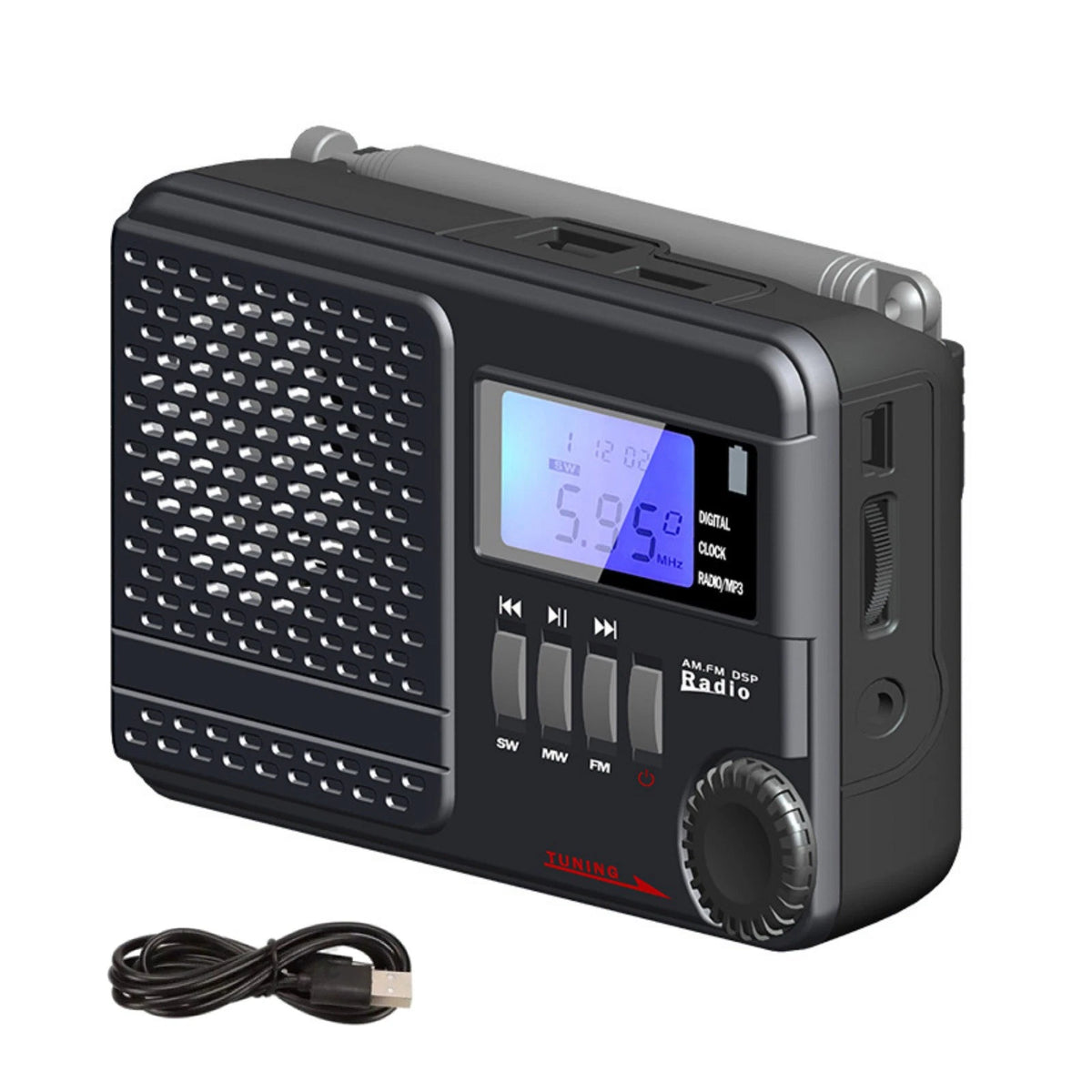 Digital AM FM SW Radio with USB MicroSD MP3 Playback for Portable Use