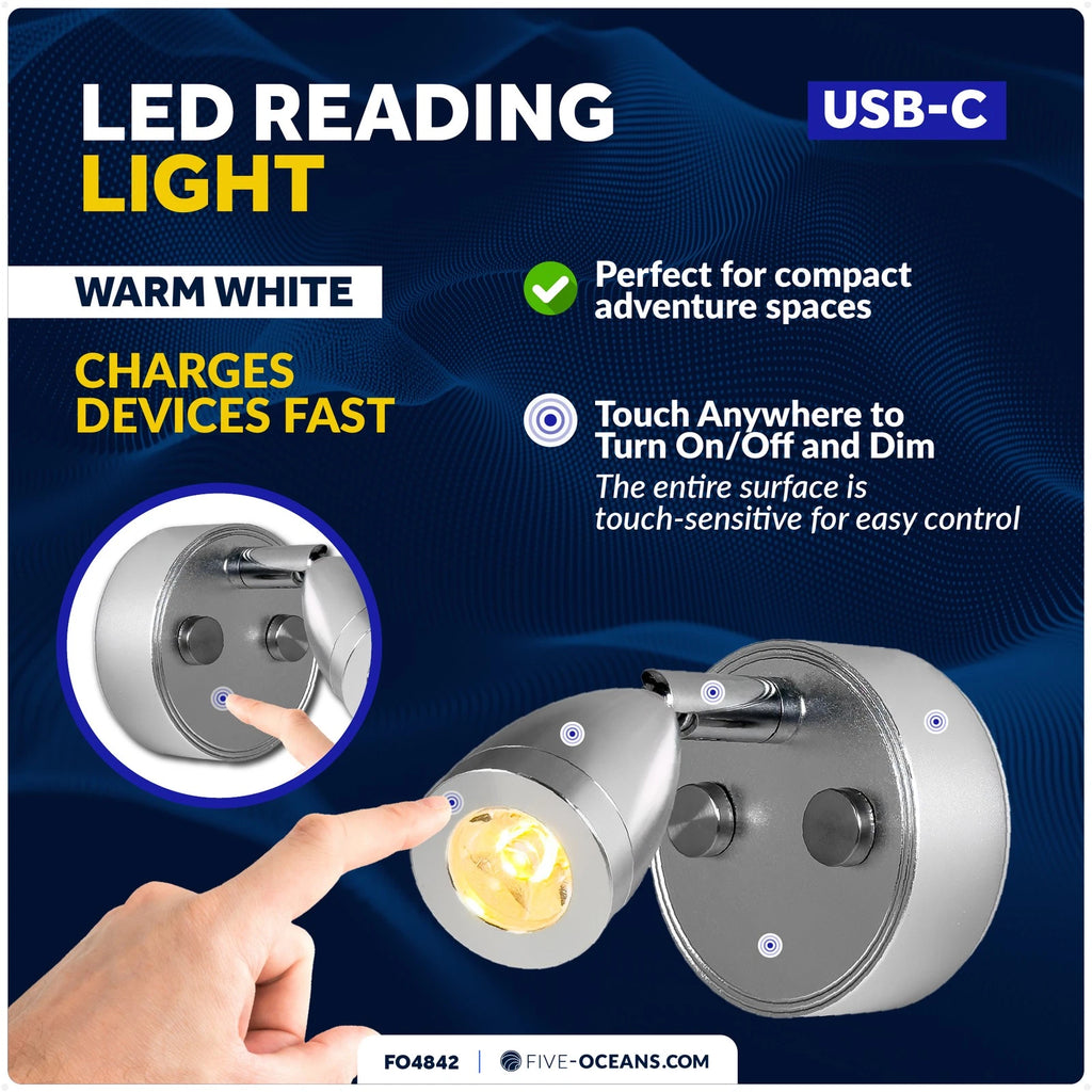 RV LED Reading Light with Touch Dimmer, USB-C, Warm White, 12V