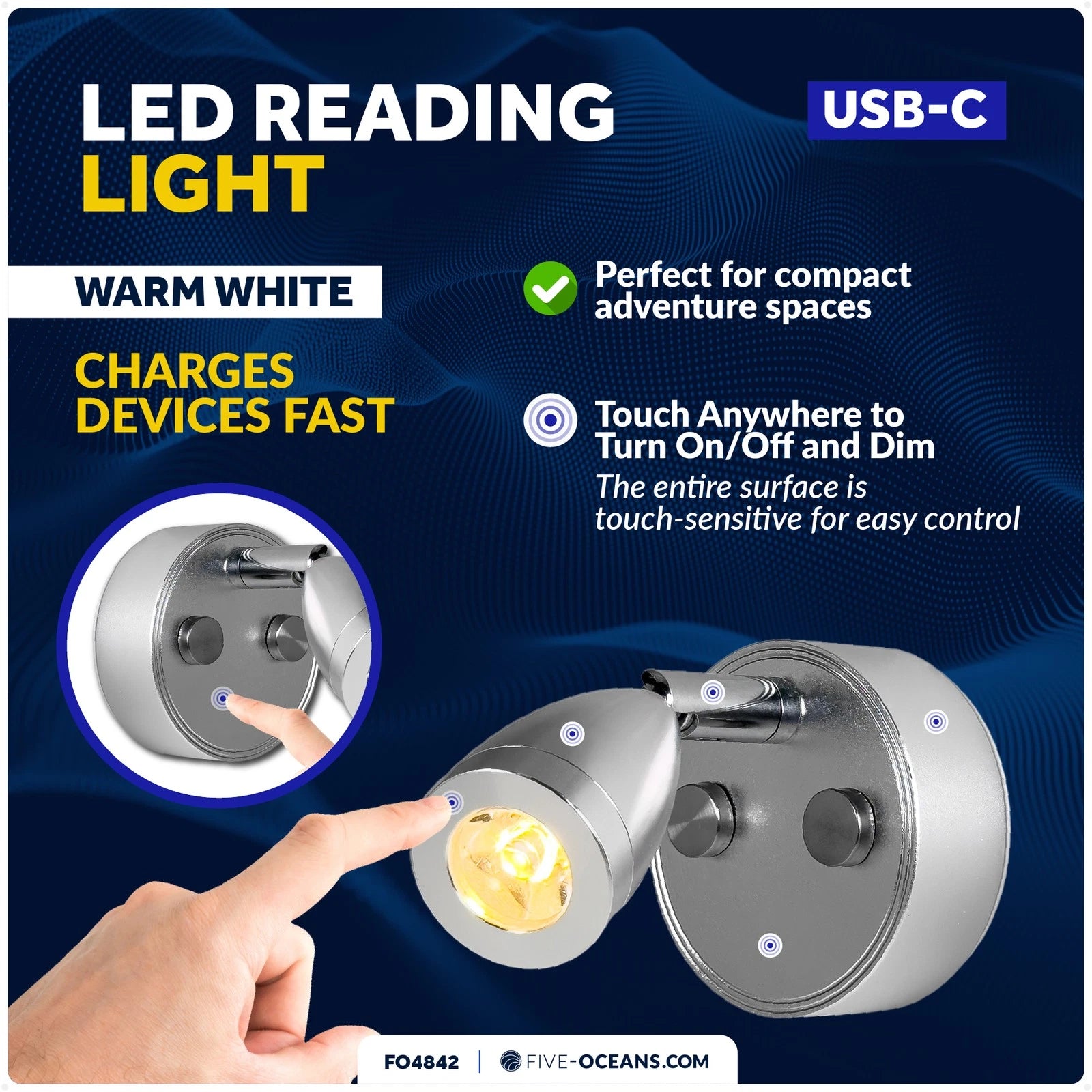RV LED Reading Light with Touch Dimmer, USB-C, Warm White, 12V