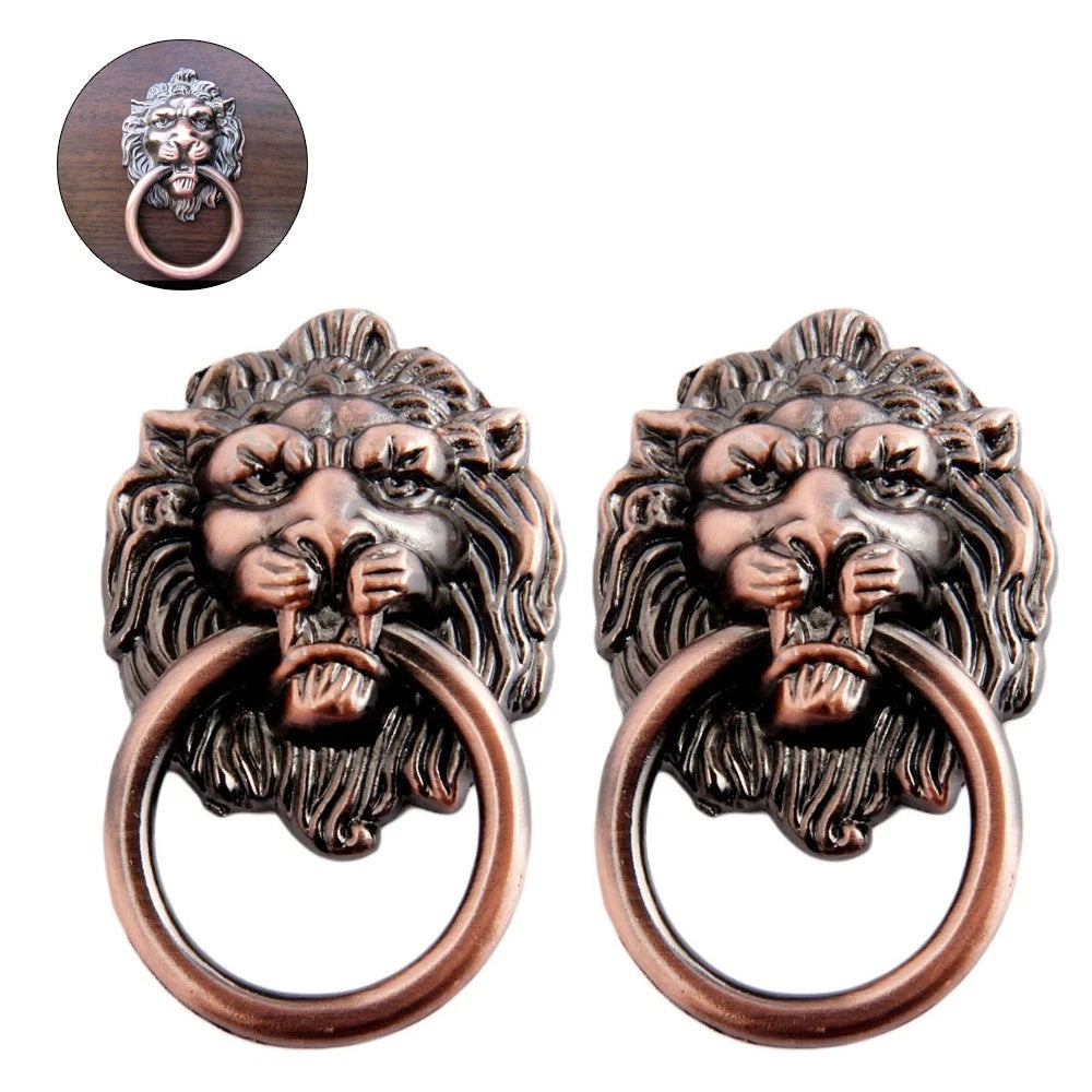2Pcs Lion Head Cabinet Pull Knobs for Furniture Drawer (Retro Style)