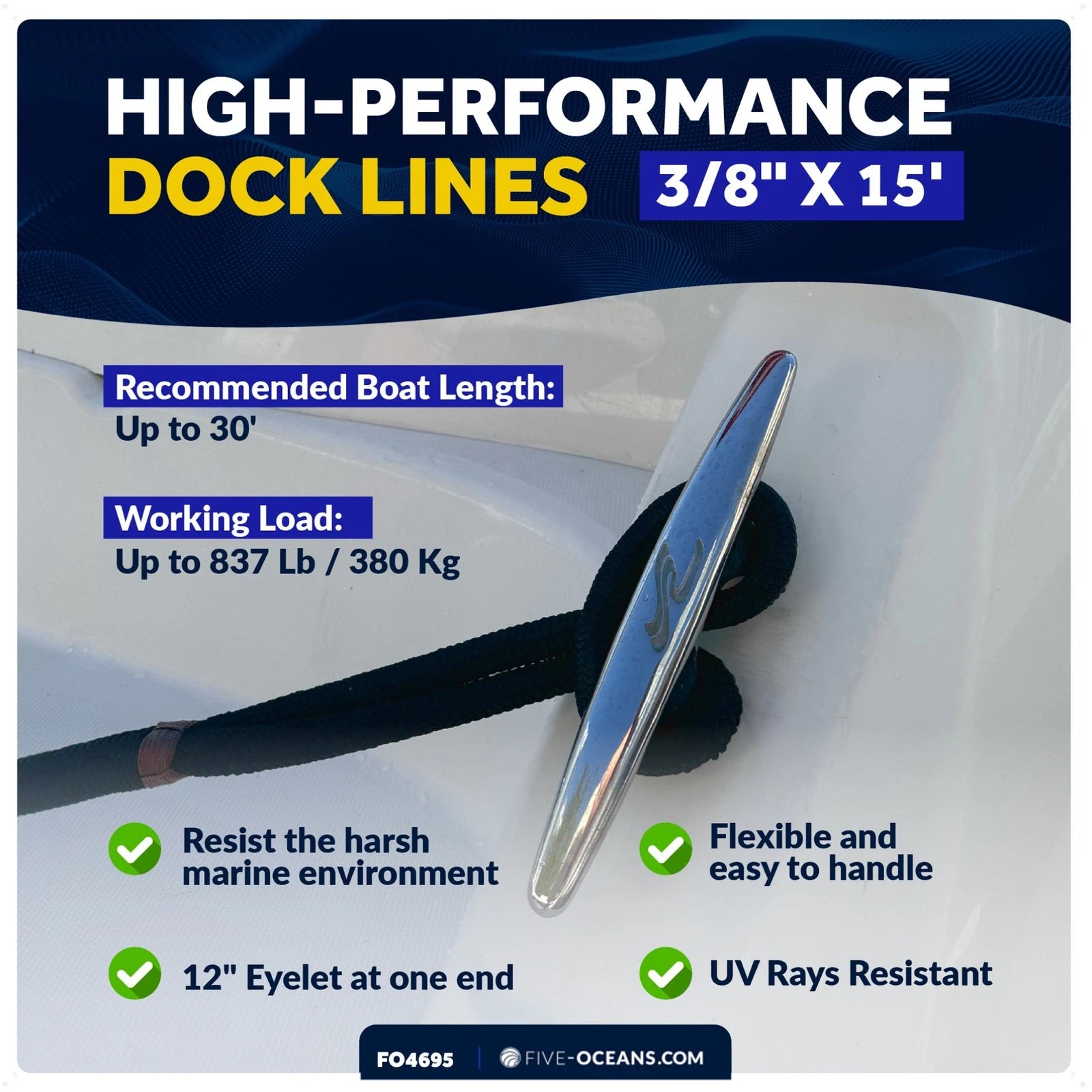 Set of 4 Dock Lines 3/8"x15' with 12" Eyelet for Boats (Navy Blue)