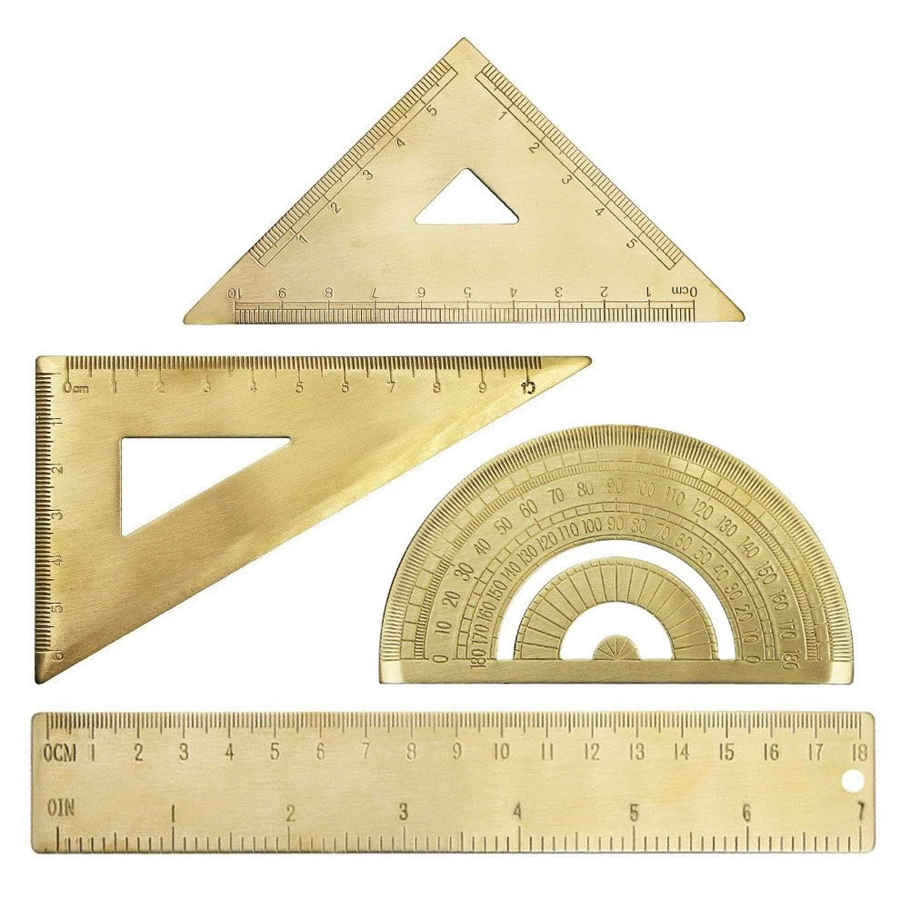 Set of 2 Golden Brass Rulers with Isosceles & Right Angle Triangle Protractor