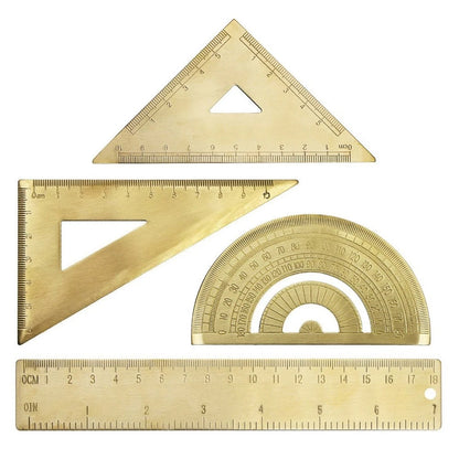 Set of 2 Golden Brass Rulers with Isosceles & Right Angle Triangle Protractor