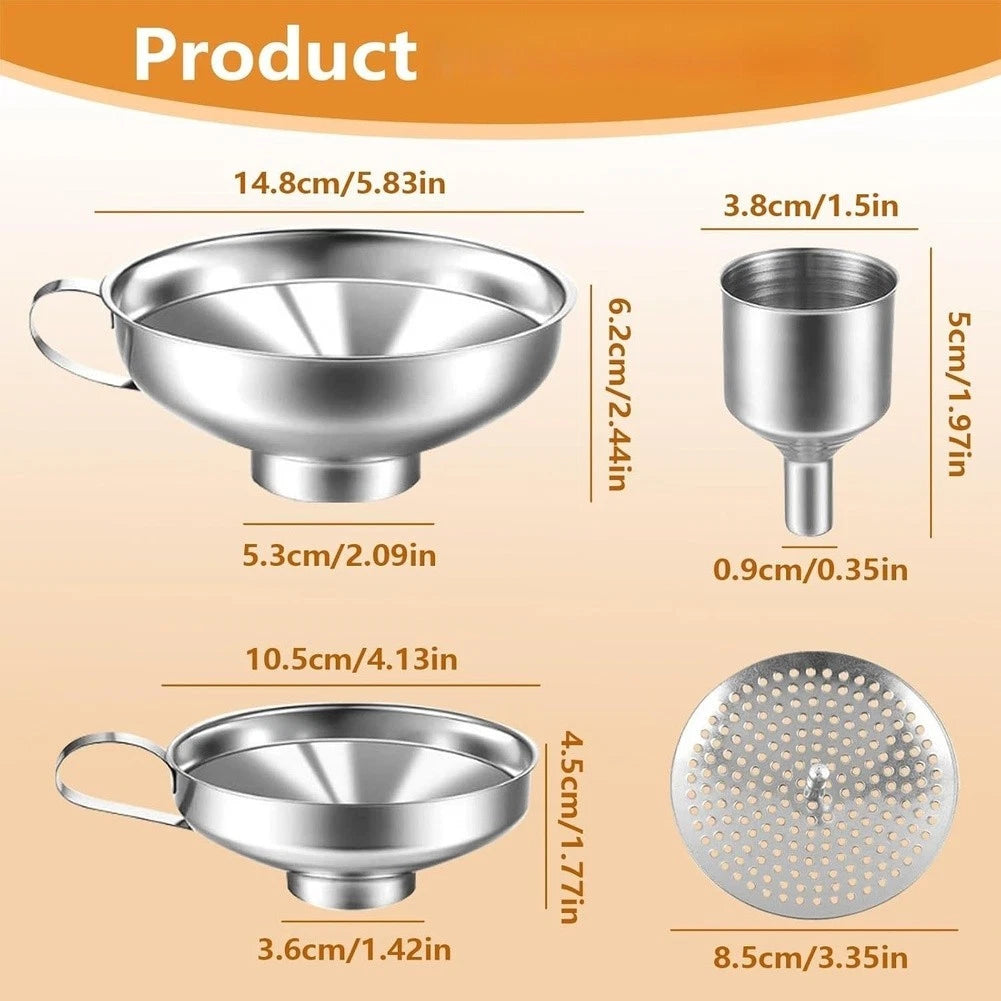 4 Piece Funnel Set for Kitchen Use with Wide Mouth and Strainer