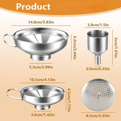 4 Piece Funnel Set for Kitchen Use with Wide Mouth and Strainer
