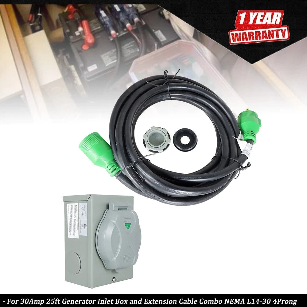 30Amp Generator Inlet Box & Extension Cable Combo NEMA L14-30 25ft