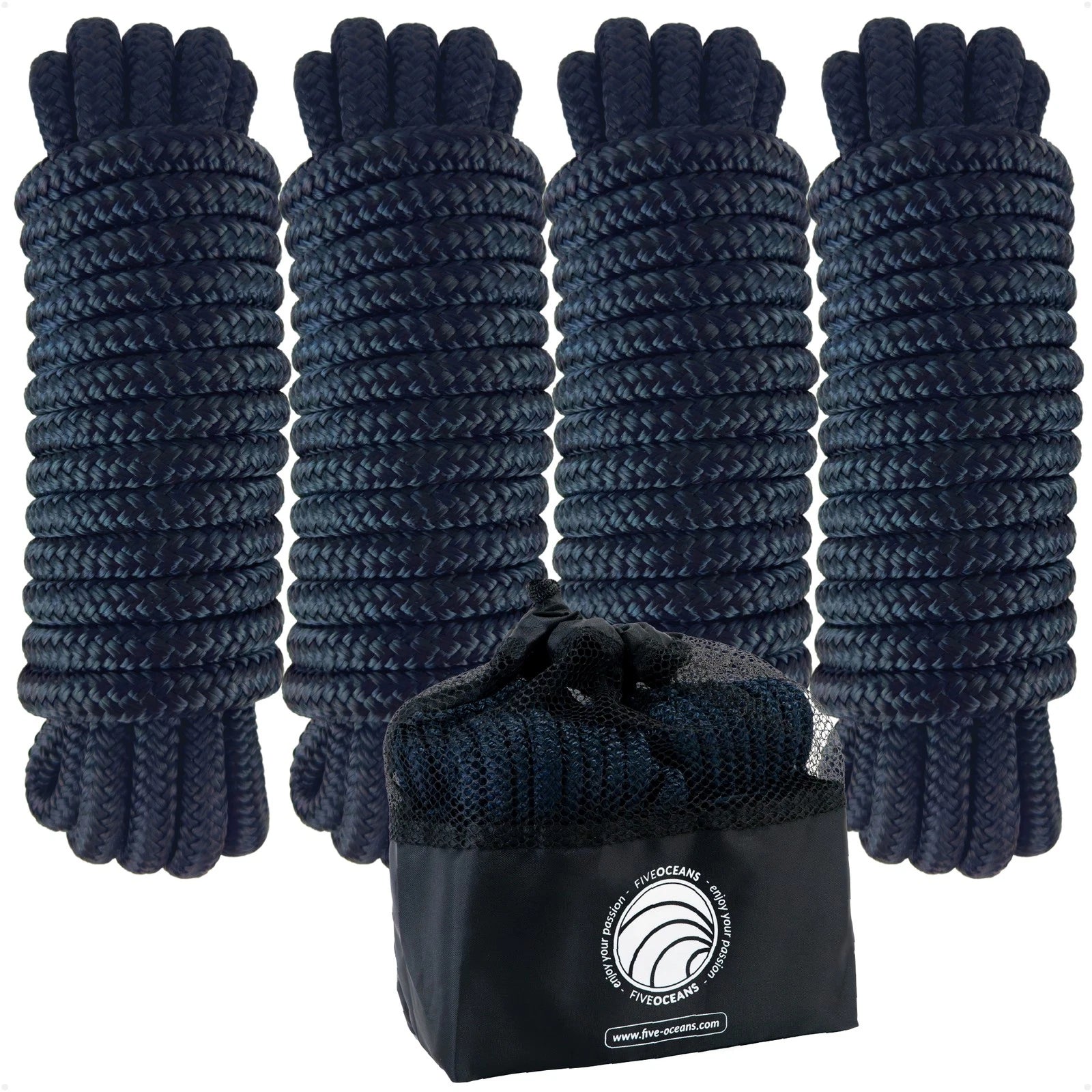 Set of 4 Dock Lines 3/8"x15' with 12" Eyelet for Boats (Navy Blue)