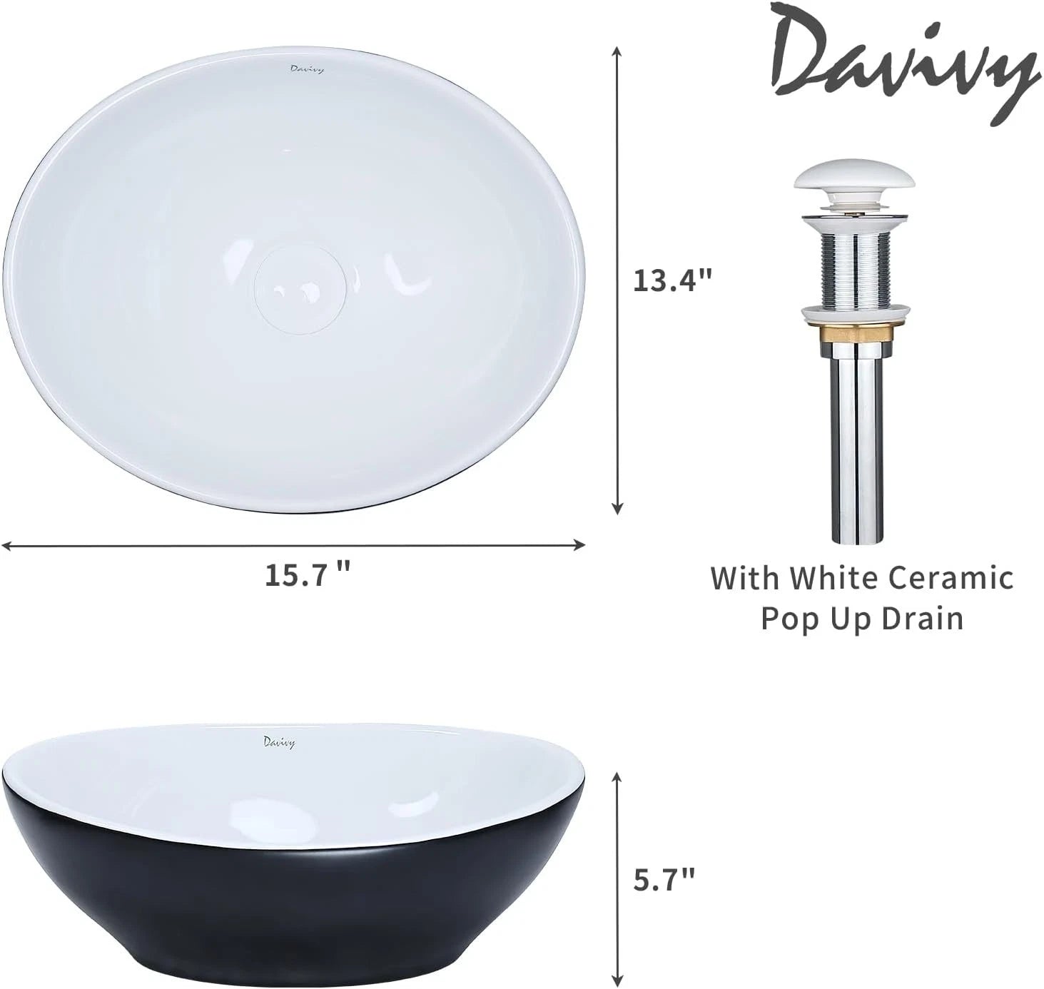 Matte Black Oval Vessel Sink with Pop Up Drain for Bathroom (15.7'' x 13.4'')