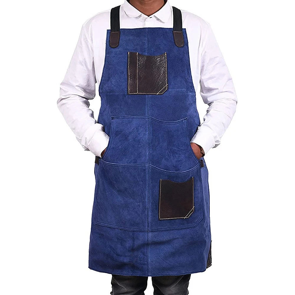 Double Faced Fleece Apron with Multiple Pockets and PU Leather Contrast