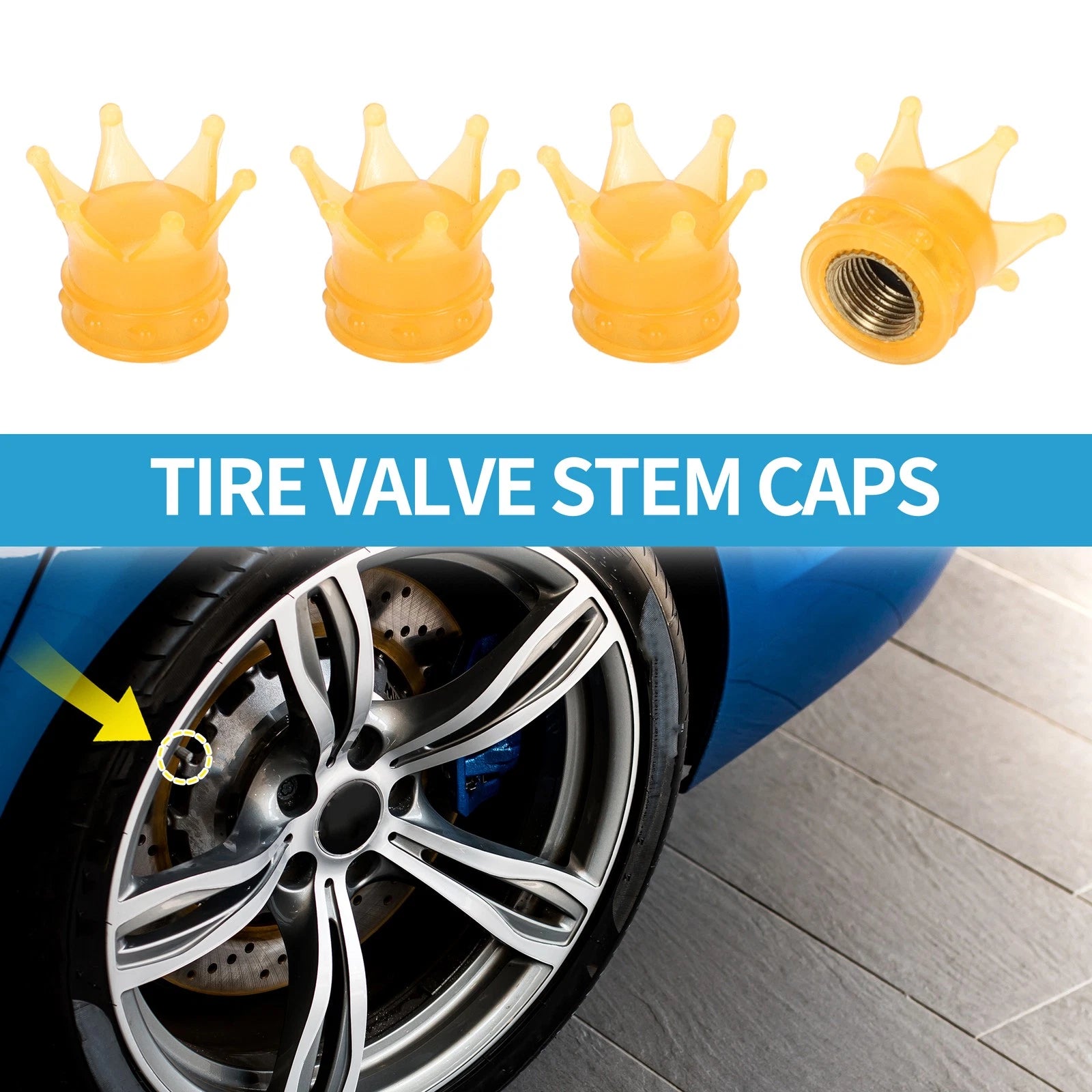 Tire Valve Stem Caps Yellow Replacement Set for Car SUV Bike RV (4pcs)