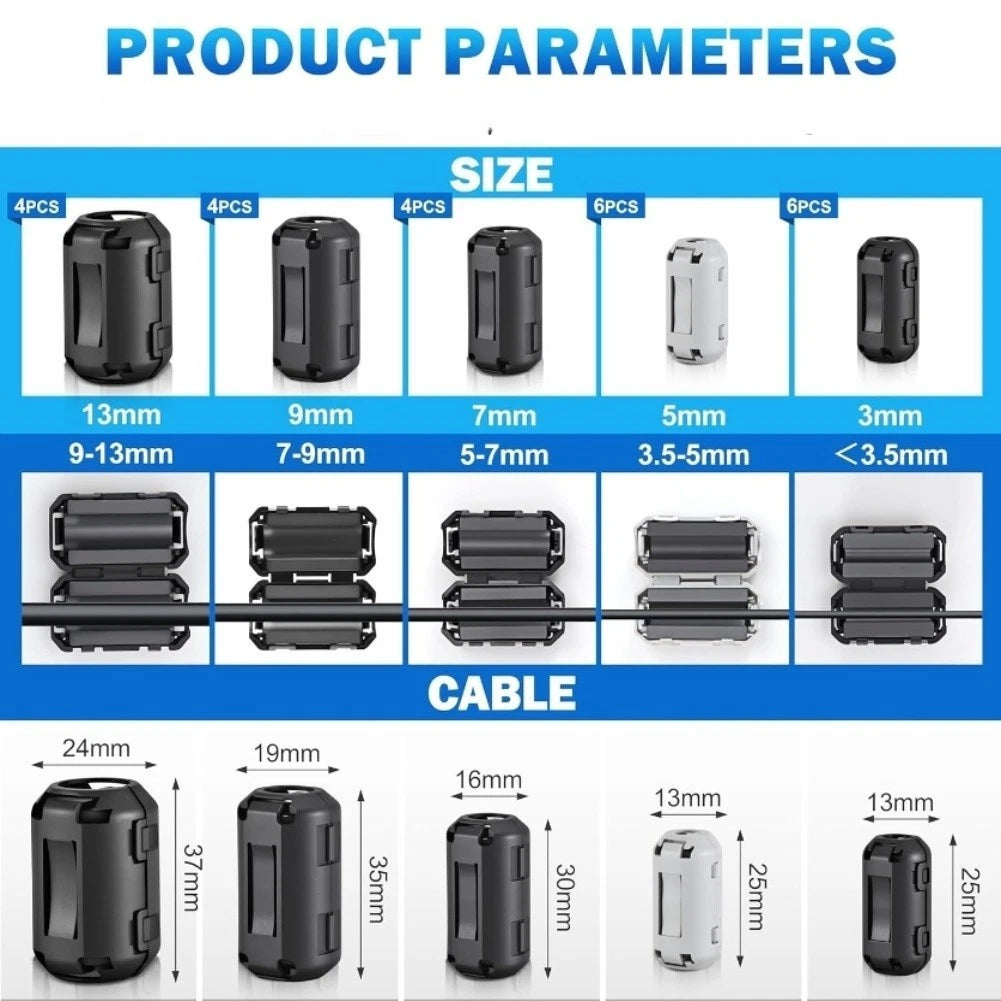 24PCS Ferrite Beads Kit for EMI RFI Interference Blocking in Cables