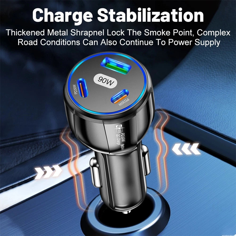 90W Car Charger Adapter for Quick Charging Mobile Phones USB C