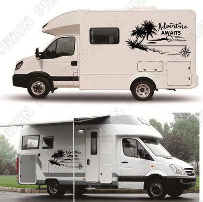 Caravan Camper Motorhome Body Stickers Coconut Tree Compass Graphic Decals Black